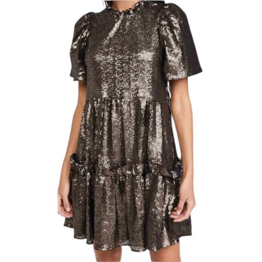 NWT Sea New York Rachelle Puff Sleeve Tunic Bronze Sequin Mini Dress Size Small